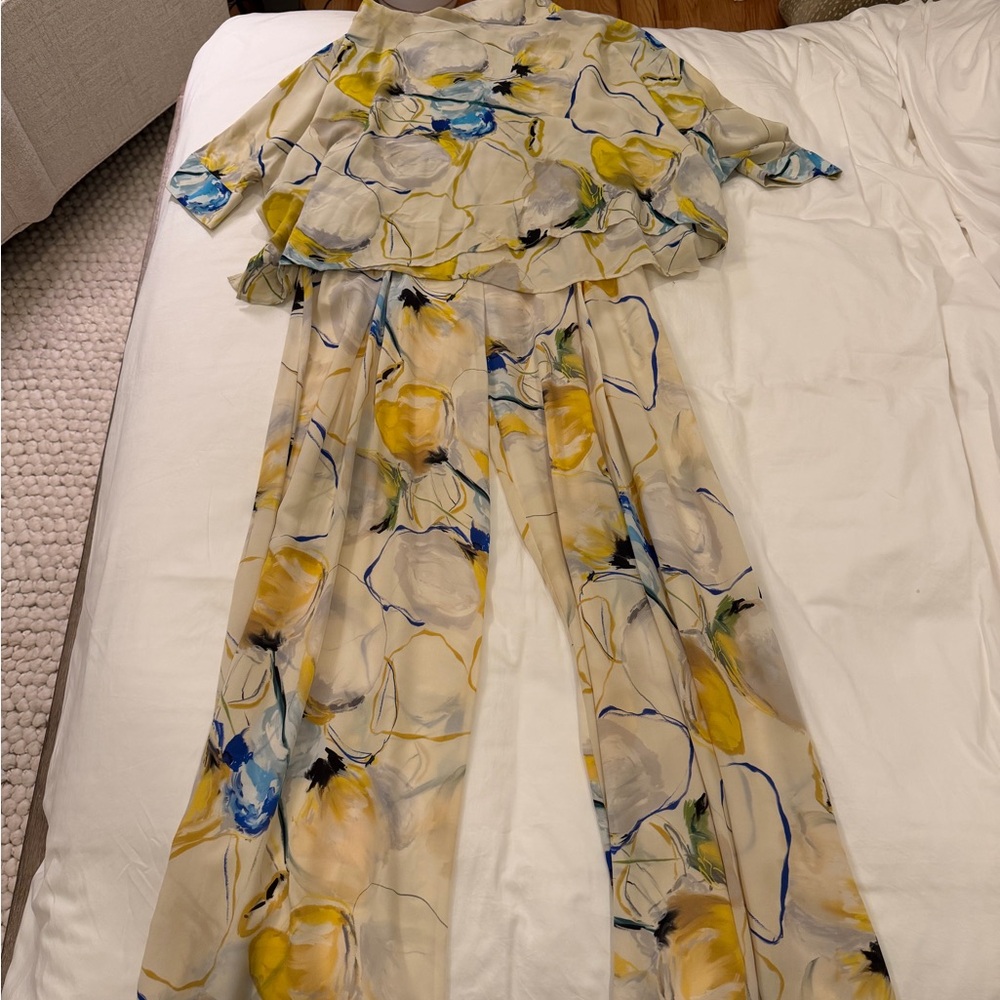 Sika Cream Floral Brushstroke Wide-Leg Pants with Yellow & Blue Accents